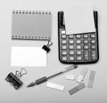 Business card with empty space and binders near sticky notes. Stationery and calculator. Office supplies and business