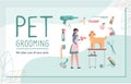 business card for the grooming salon. Illustration of a groomer taking care of the dog, blow-drying and styling. Vector