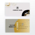 Business card. Gtey gold background with logo, thin icons. Luxury background, scribble design element