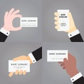 Business card in hand (in suit) flat vector set.