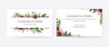 Business card, invite, save the date vector floral design template. Red garden Ranunculus flowers, seeded burgundy & silver