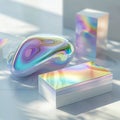 business card mockup, neon pink, on floating 3D iridescent glass, organic forms, light refraction Royalty Free Stock Photo