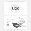 Business card set with wok noodles. Hand drawn logo template and sunburst. Monochrome hipster style lettering