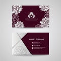 Business card - Silver floral frame and leaf logo on Crimson background Royalty Free Stock Photo