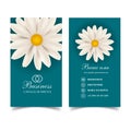 Business card template. Blue business card with realistic daisy.