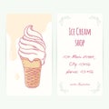 Business card template with hand drawn ice cream sundae in waffle cone and drops