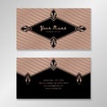 Business card template with rose gold diagonal striped background, art deco elements, geometric frames