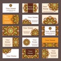 Business cards collection. Ornament for your design with lace mandala. Vector background. Indian, Arabic, Islam motifs. Royalty Free Stock Photo