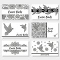 Business cards with creative decorative birds and flowers. Black and white colors.