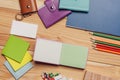 business cards multicolored markers notepads work desk school items Royalty Free Stock Photo
