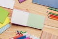 business cards multicolored markers notepads work desk school items Royalty Free Stock Photo