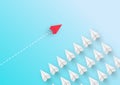 Business or career in a conceptual plot. A red airplane flies across the course of a group of white airplanes Royalty Free Stock Photo