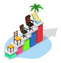 Business career growth, vector isometric illustration. Ladder with tabouret, boss chair and chaise longue with palm.