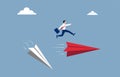 Business and career path concept. Businessman jump over the new paper plane illustration