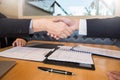 Business, career and placement concept, boss and employee handshaking after successful negotiations or interview Royalty Free Stock Photo