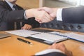 Business, career and placement concept, boss and employee handshaking after successful negotiations or interview Royalty Free Stock Photo