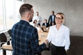 Businessman Shaking Hands With Businesswoman During Corporate Meeting In Office