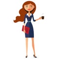 Business carroty young woman with a cup of tea and teapot. Vector flat cartoon illustration Royalty Free Stock Photo