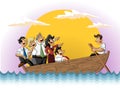 Business cartoon team on boat