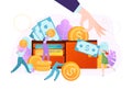 Business cash money finance investment concept, vector illustration. People collect coin currency into wallet, flat Royalty Free Stock Photo