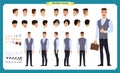 Business casual fashion. Front, side, back view animated character. Manager character constructor with various views, hairstyles