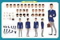 Business casual fashion. Front, side, back view animated character. Manager character constructor with various views, hairstyles