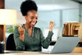 Business, celebration and black woman with success on laptop, computer or working achievement, promotion or bonus