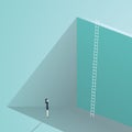 Business challenge concept with big wall and ladder. Businesswoman standing in front, symbol for career growth, finding Royalty Free Stock Photo