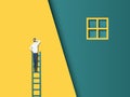 Business challenge vector concept with businessman on ladder far from door. Modern paper cutout vector style. Symbol of