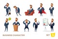 Businessman collection. Bearded charming business men in different situations. Manager character design.