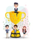 Business character in achievement vector concept. Business employee characters with promotion sitting.