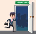 Business character attending conference vector concept. Business male character late running.