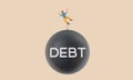 Business character chained to a large falling debt ball. 3D Rendering