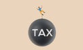 Business character chained to a large falling tax ball. 3D Rendering