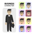 Business character. Different emotions faces, profile pictures flat icons, avatars s. Trendy beard and glasses