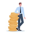 Business character with money. Happy successfull employee with a pile