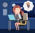 Business character overtime sleeping vector concept. Female lazy business character employee sleeping.
