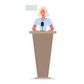 Business character standing behind a lectern. Office worker perform