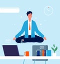 Business character yoga. Manager sitting on office table in lotus pose stress at work business concept vector pictures