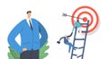 Business Characters Climb Broken Ladder Overcome Obstacles. Businesspeople Team Try to Reach Target with Arrow in Center