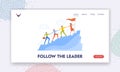 Business Characters Follow the Leader Landing Page Template. Team Climbing at Mountain Peak Holding Hands with Red Flag