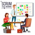 Business Characters Scrum Team Work Vector. Teamwork Scheme Planning On Whiteboard. Team Room Full Of Tasks On Sticky