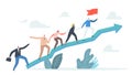 Business Characters Team Climbing at Huge Growing Graph. Leader Stand on Top with Hoisted Flag, Teamwork and Leadership