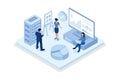 Business characters using remote servers to analyzing large sets of data and recognizing mistakes,