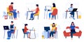 Business characters working. Cartoon men and women sitting in office and at home with laptop and working. Vector set of