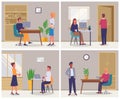 Business characters working in office workplace. Businesspeople office life, set of four scenes
