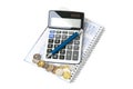 Business chart. Calculator, notebook, pen and coins. Royalty Free Stock Photo