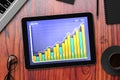 Business chart on digital tablet screen with glasses, coffee mu Royalty Free Stock Photo