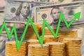 Business chart with green arrow going up on background of golden money stacks and dollar notes - upward trend showing growth and Royalty Free Stock Photo