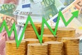 Business chart with green arrow going up on background of golden money stacks and Euro notes - upward trend Royalty Free Stock Photo